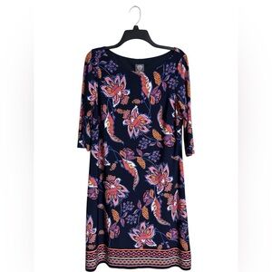 Vince Camuto Floral Shift Dress Size 12 Black Pink Navy 3/4 Sleeve Knee-Length